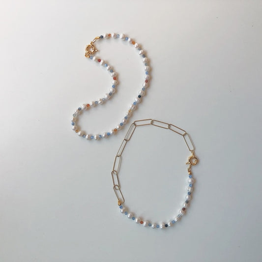 [NMB21017] Pearl x Brown-blue Agates Necklace (Pre-order)